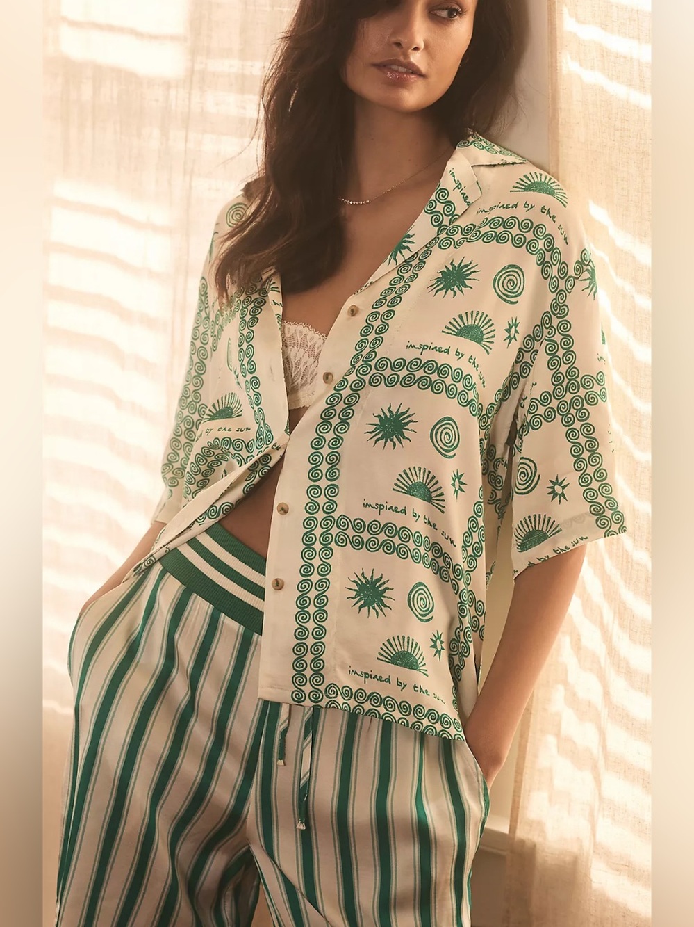 By Anthropologie Silky Bermuda Striped Boxer Shorts Green Stripe S Travel Preppy